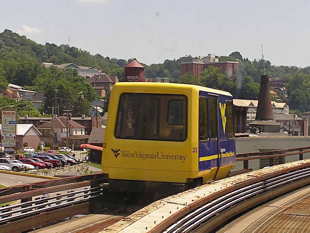 Yellow train car in the Morgantown Personal Rapid Transit System in West Virginia