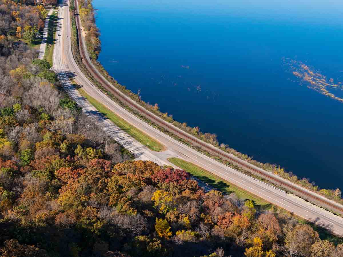 a road near a lake along scenic highway 61 in minnesota