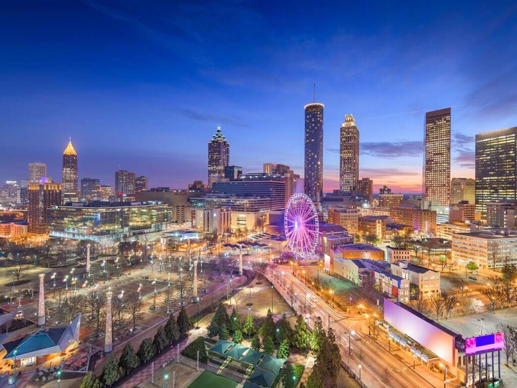 Aerial view of the city of Atlanta, GA at dusk