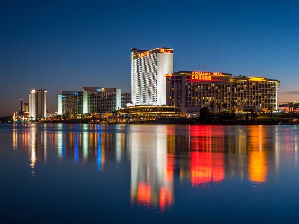Laughlin casinos over the water at sunset