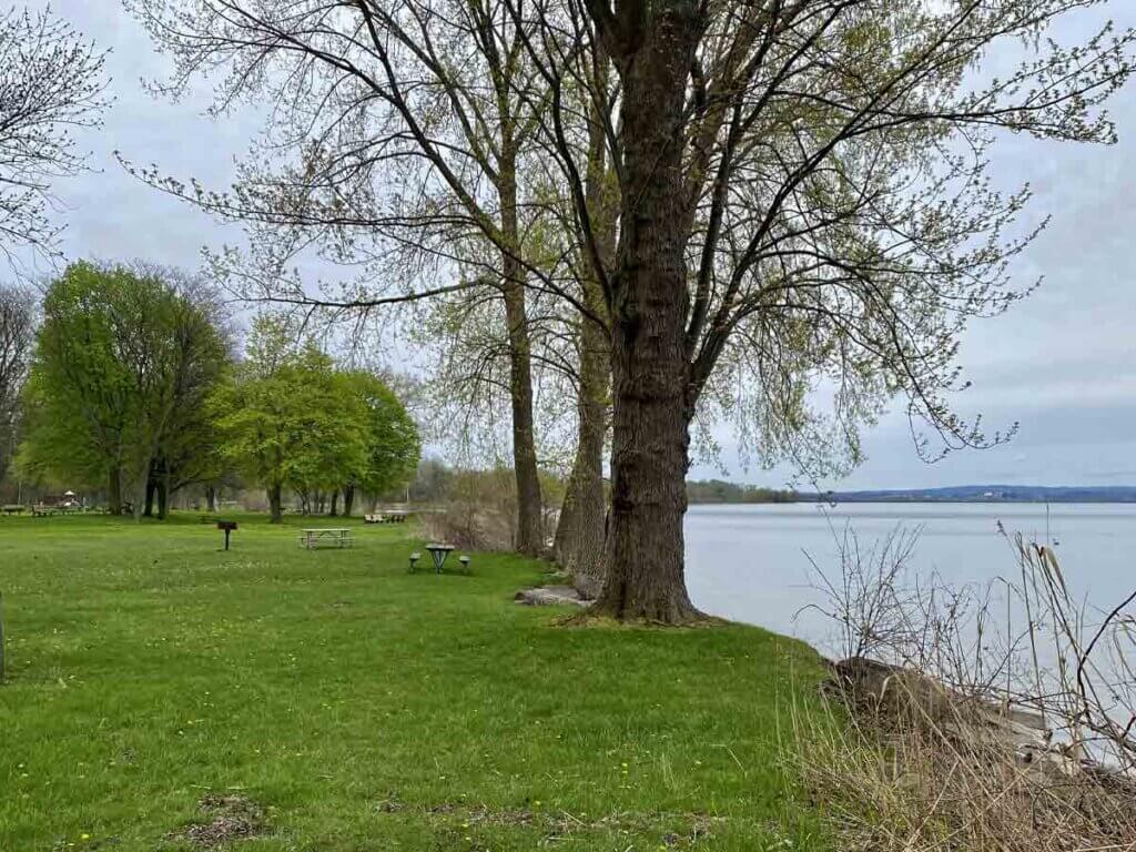 View of grassy, tree-lined bank of Onondaga Lake Park in Syracuse