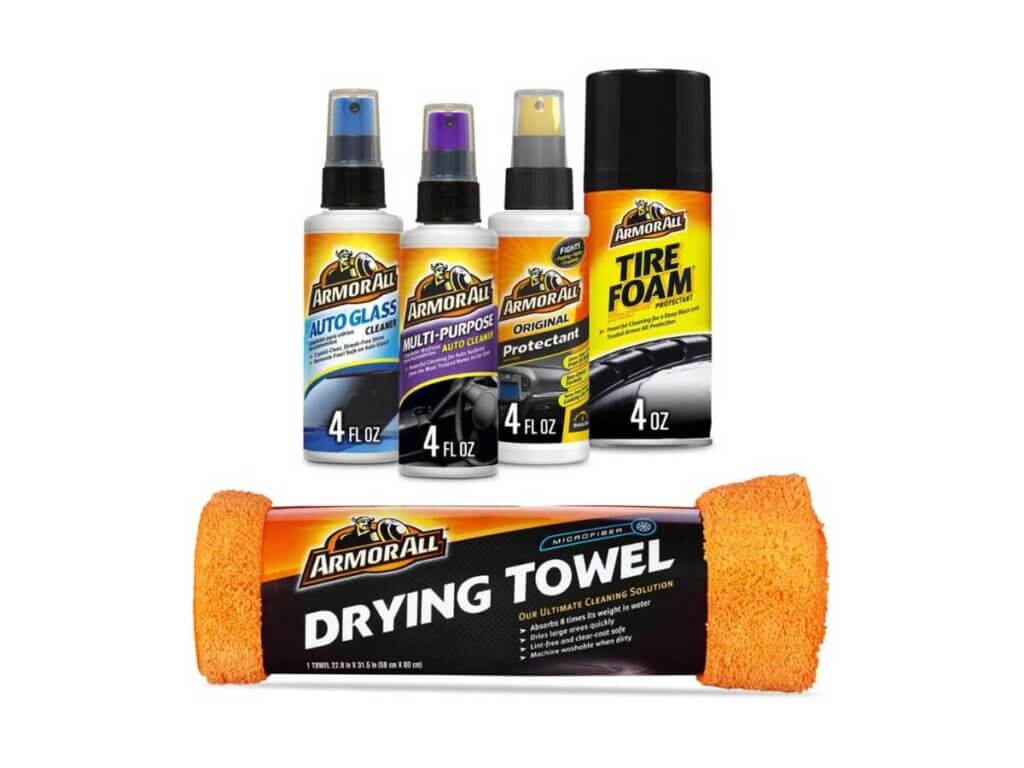 A car cleaning kit including a drying towel, tire foam, and other products