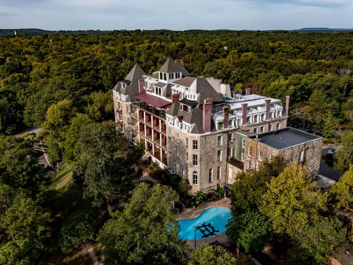 an aerial view of the crescent hotel in eureka springs
