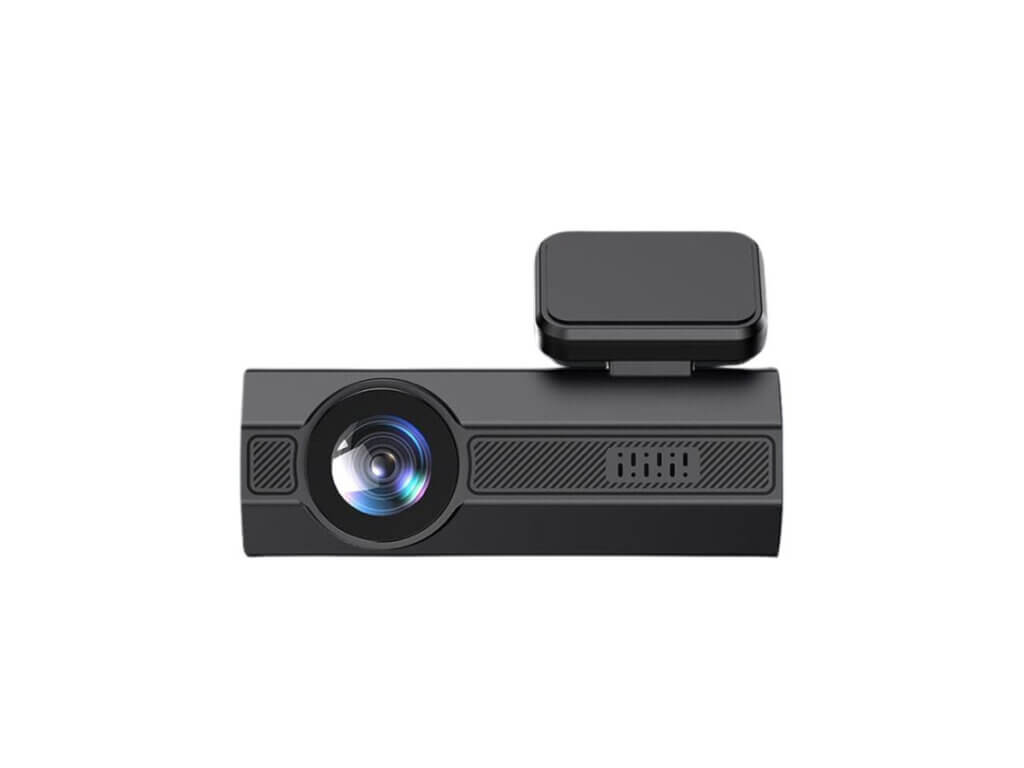A small, black dash cam for road trip essentials