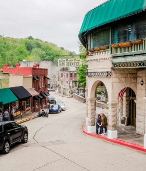 a downtown view of eureka springs, arkansas, buildings and streets