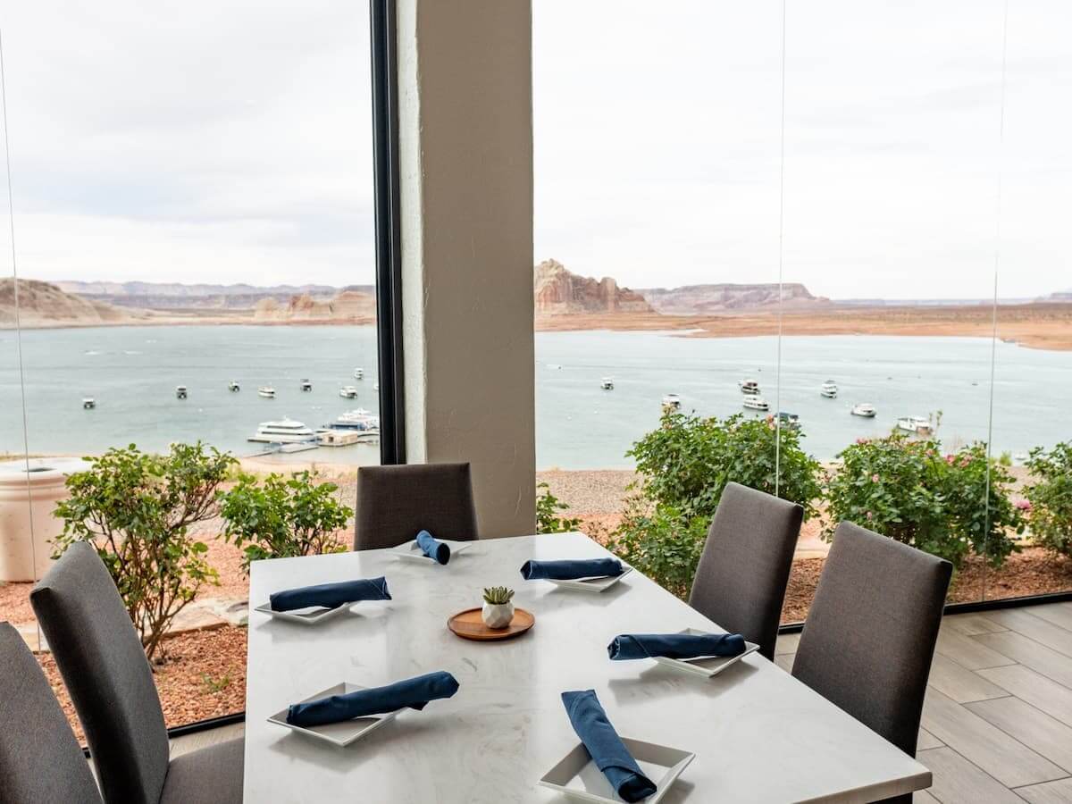 a view from the rainbow room restaurant overlooking lake powell