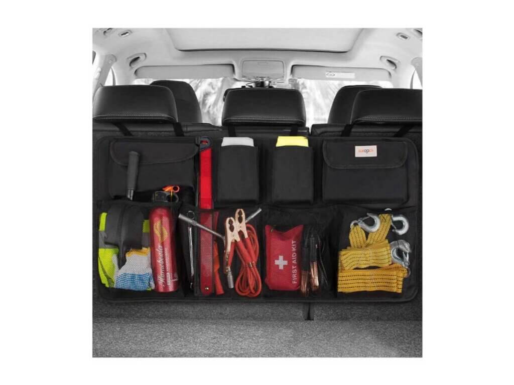 Car trunk organizer filling up back space and holding multiple items