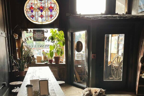 View of the inside of an aesthetically pleasing coffeeshop featuring plants, windows, and stained glass.