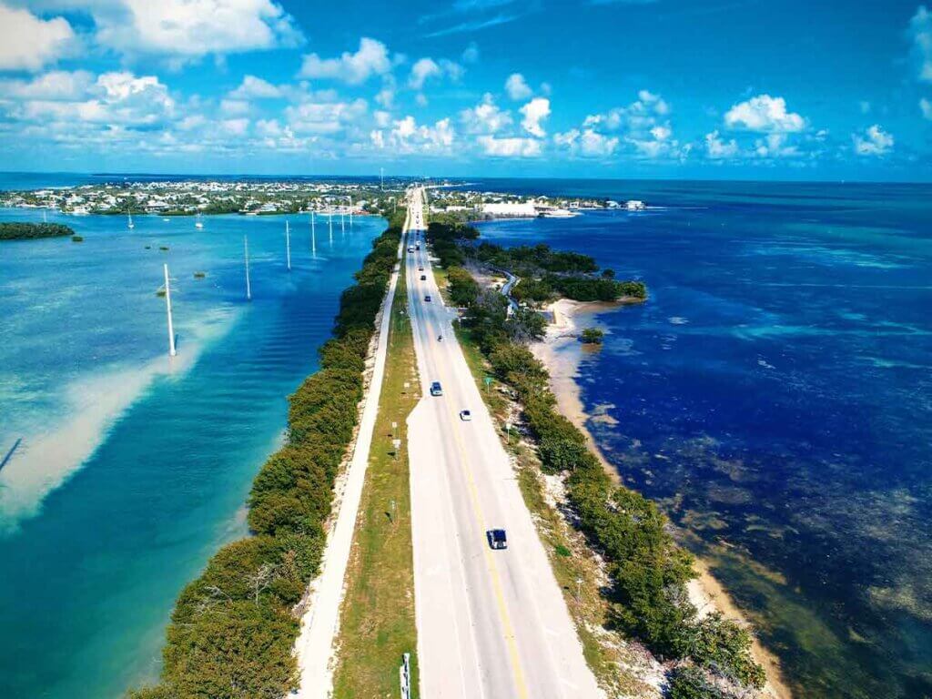 View of long strip of beach/highway to Key West, Florida