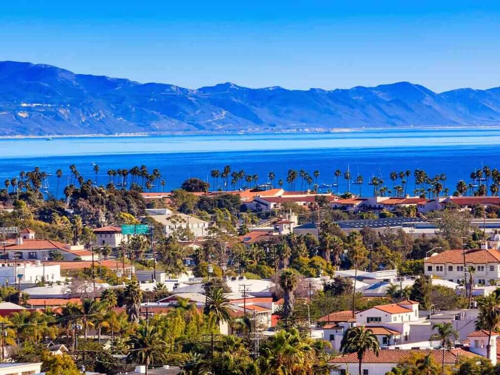 Santa Barbara, California cityscape with water and mountains in the background