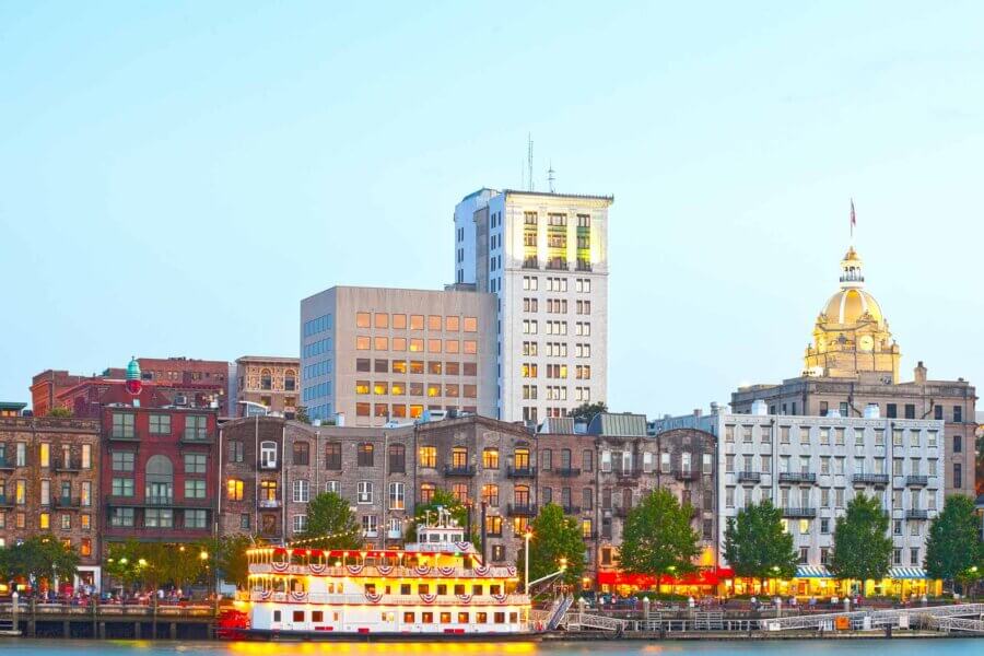 a view of downtown savannah from the river