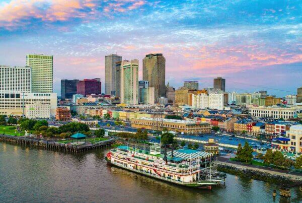 a view of downtown new orleans french quarter from the mississippi river